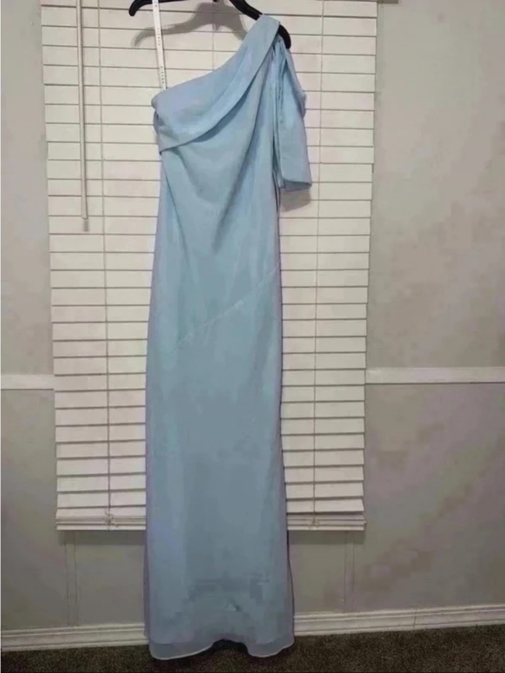 Azazie One-Shoulder Evening Gown in Light Blue with Shoulder Bow - Picture 4 of 9